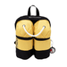 image of a childs scuba backpack, a black backpack with black carry handle and straps and yellow back compartments designed to look like scuba tanks.