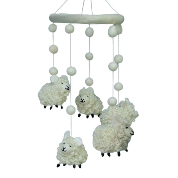 This delightful felt Sheep Mobile by The Winding Road is a beautiful addition to your Nursery. Featuring five cute and fluffy, white sheep.  Approximately 20" tall and 7.5" wide.  Handmade from 100% natural wool. No chemicals are used during production.