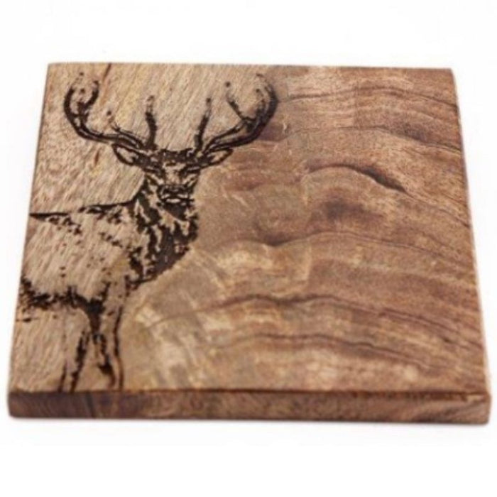 A rustic set of 4 square shaped, wooden coasters, featuring an embossed stag print and comes in neutral tones.   Size 10cm x 10cm.
