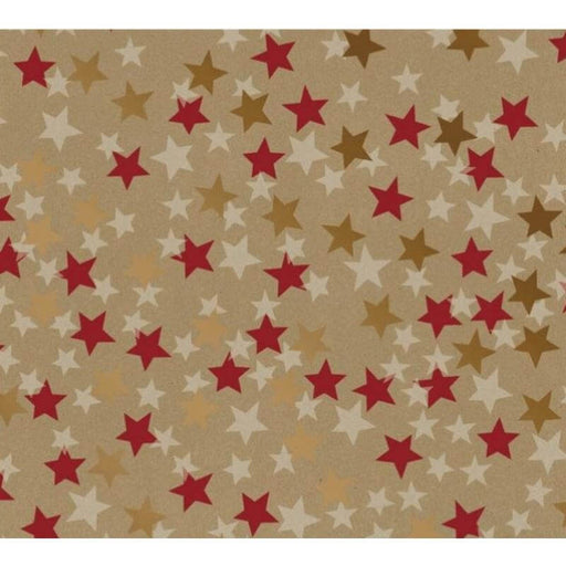 image of a square of wrapping paper, the paper has a gold background and features lots of red, gold and cream stars 