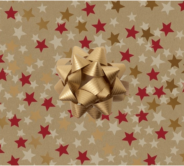 image of a square of wrapping paper, the paper has a gold background and features lots of red, gold and cream stars , in the corner of the gift wrap paper is a silver gift wrapping bow
