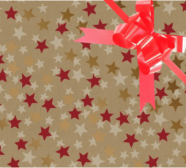 image of a square of wrapping paper, the paper has a gold background and features lots of red, gold and cream stars , in the centre of the gift wrap paper is a red paper gift wrapping bow