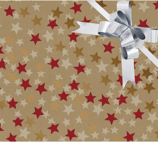 image of a square of wrapping paper, the paper has a gold background and features lots of red, gold and cream stars , in the centre of the gift wrap paper is a gold paper gift wrapping bow