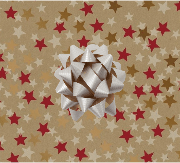 image of a square of wrapping paper, the paper has a gold background and features lots of red, gold and cream stars 