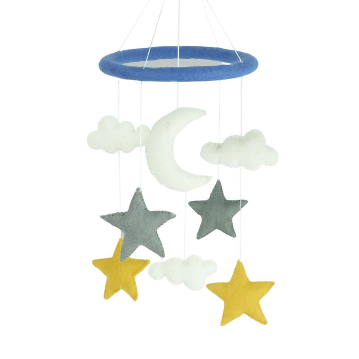 This delightful felt Stars and Moon Mobile by The Winding Road is a beautiful addition to your Nursery. Featuring 4 Stars, 3 Clouds and 1 Moon.  Approximately 20" tall and 7.5" wide.  Handmade from 100% natural wool. No chemicals are used during production.