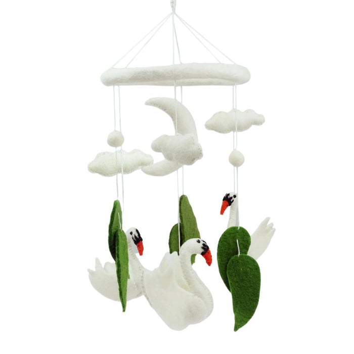 This delightful felt Swans Mobile by The Winding Road is a beautiful addition to your Nursery. Featuring 3 Swans, 3 Clouds and 1 Moon.  Approximately 20" tall and 7.5" wide.  Handmade from 100% natural wool. No chemicals are used during production.