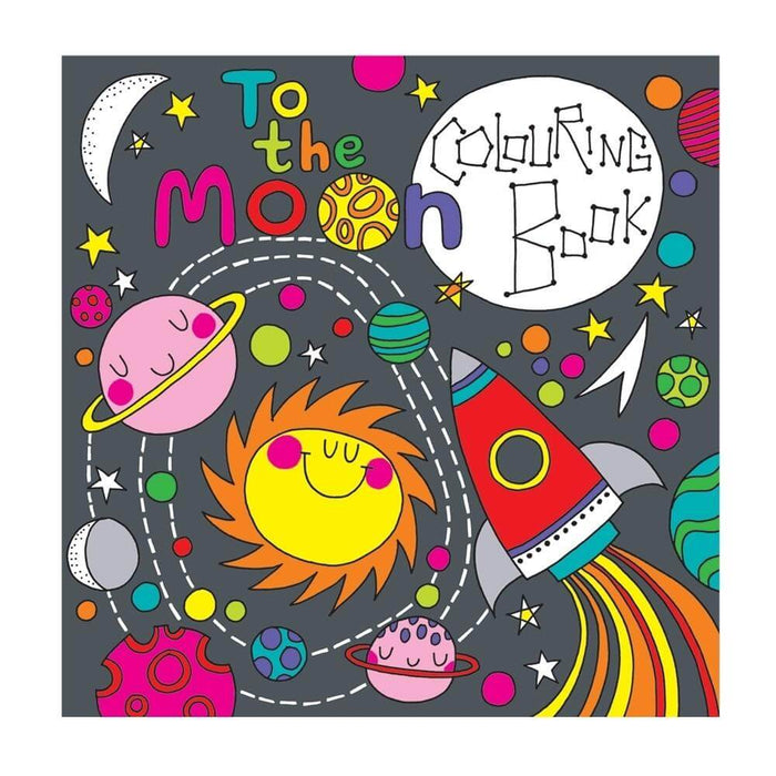 Image of a colouring book cover with a mid grey background and colourful space images on including a rocket, planets and a half moon in the top left corner. At the top of the page is the words To the moon colouring book. 