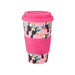 image of a vibrant and colourful pink travel mug with bright pink heat resistant band and lid and featuring illustrations of toucans