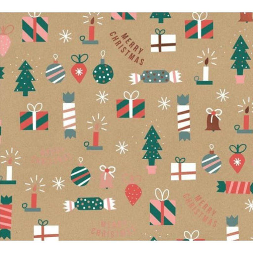 image of a square of wrapping paper, the paper has a gold background with the words merry christmas on it and lots of colouful illustrations of traditional christmas items such as presents, crackers and tree decorations.