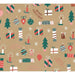 image of a square of wrapping paper, the paper has a gold background with the words merry christmas on it and lots of colouful illustrations of traditional christmas items such as presents, crackers and tree decorations.