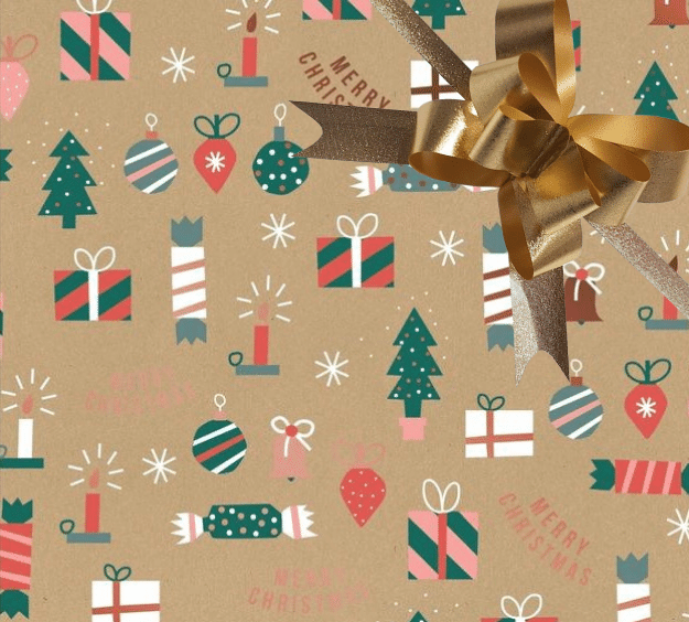 image of a square of wrapping paper, the paper has a gold background with the words merry christmas on it and lots of colouful illustrations of traditional christmas items such as presents, crackers and tree decorations.