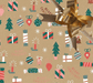 image of a square of wrapping paper, the paper has a gold background with the words merry christmas on it and lots of colouful illustrations of traditional christmas items such as presents, crackers and tree decorations.