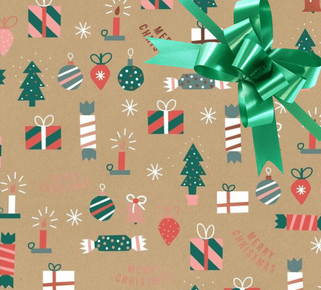 image of a square of wrapping paper, the paper has a gold background with the words merry christmas on it and lots of colouful illustrations of traditional christmas items such as presents, crackers and tree decorations.