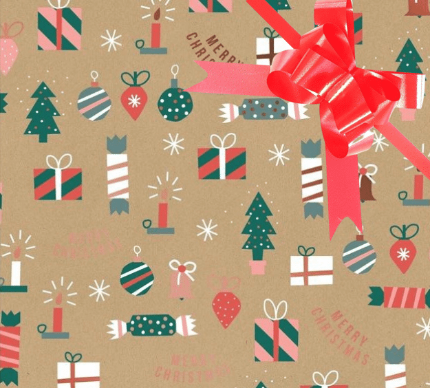 image of a square of wrapping paper, the paper has a gold background with the words merry christmas on it and lots of colouful illustrations of traditional christmas items such as presents, crackers and tree decorations.