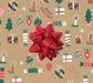 image of a square of wrapping paper, the paper has a gold background with the words merry christmas on it and lots of colouful illustrations of traditional christmas items such as presents, crackers and tree decorations., in the corner of the gift wrap paper is a gold gift wrapping bow