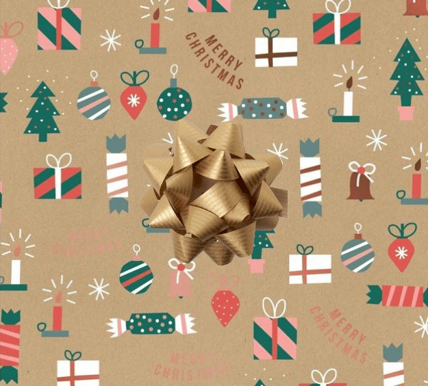 image of a square of wrapping paper, the paper has a gold background with the words merry christmas on it and lots of colouful illustrations of traditional christmas items such as presents, crackers and tree decorations., in the corner of the gift wrap paper is a green gift wrapping bow