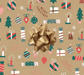 image of a square of wrapping paper, the paper has a gold background with the words merry christmas on it and lots of colouful illustrations of traditional christmas items such as presents, crackers and tree decorations., in the corner of the gift wrap paper is a green gift wrapping bow