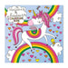image of a colouring book cover with a lilac background a lovely rainbow unicorn in the centre amnmd two rainbows above and beneath the unicorn. In the top right are the words unicorns and rainbows colouring book.