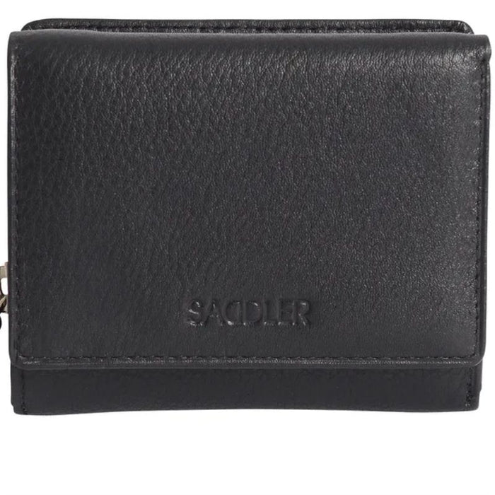 Navy blue Saddler Carla purse, compact trifold leather purse s rom the front side with zip to the left.