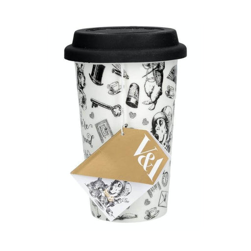 Image of an Alice in wonderland travel mug, white with black illustrations of characters and objects from alice in wonderland on, the  travel mug has a black rubber like lid and a tag hanging off it with the V&A logo on. 