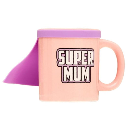 image of a pastel pink mug with bright pink detachable plastic cape and the words 'Super Mum' written on the front.