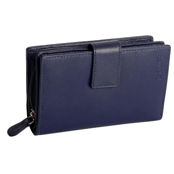 Saddler "Georgie" Medium Rfid Bifold Purse Wallet with Zipper Coin Purse in Navy Blue. This popular compact purse made from luxurious leather accommodates up to 13 credit cards and provides a roomy 2 section zipper purse to the centre for coins and small keys. It also features a large window section for ID or pass card with inner extension wing for extra card storage and secure tab closure. Approximate Size: 14 x 9 x 4cm when closed. 12 month warranty for normal use. 