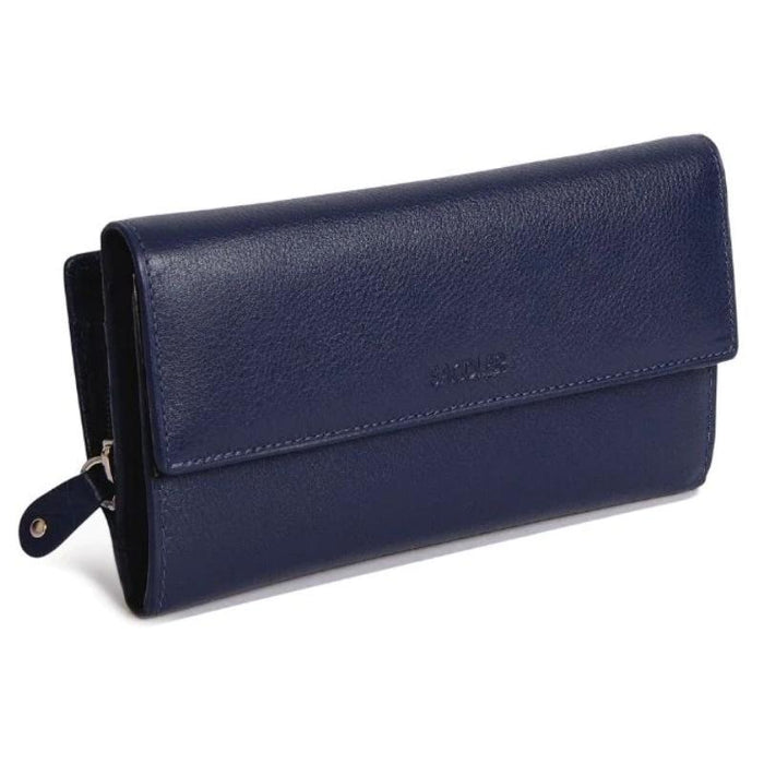 Saddler "Ella" Large Multi-Section Purse Wallet with Zipper Coin Purse in Navy Blue. This popular compact purse made from luxurious leather accommodates up to 20 credit cards and provides a roomy zipper purse to the centre for coins and small keys. It also features a large window section for ID or pass card with inner extension wing for extra card storage and secure tab closure. Approximate Size: 18 x 10 x 4cm when closed. 12 month warranty for normal use.