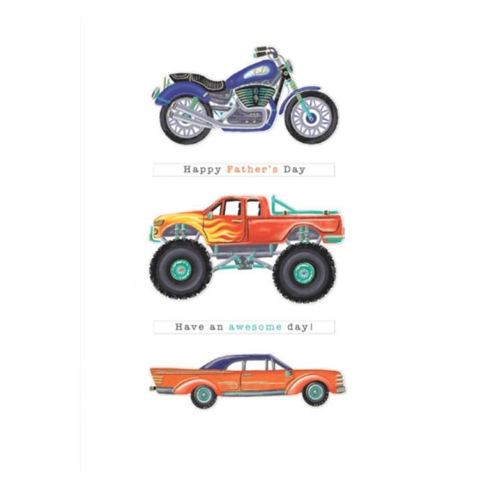 Father's Day Card with Cool Bike, Truck & Car