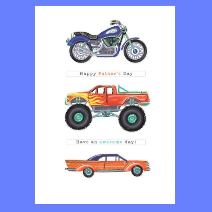 Father's Day Card with Cool Bike, Truck & Car