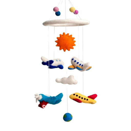 Airplane cot mobile, babys mobile made with diuffernet coloured felt aeroplanes. also featuring the earth, sun and clouds.