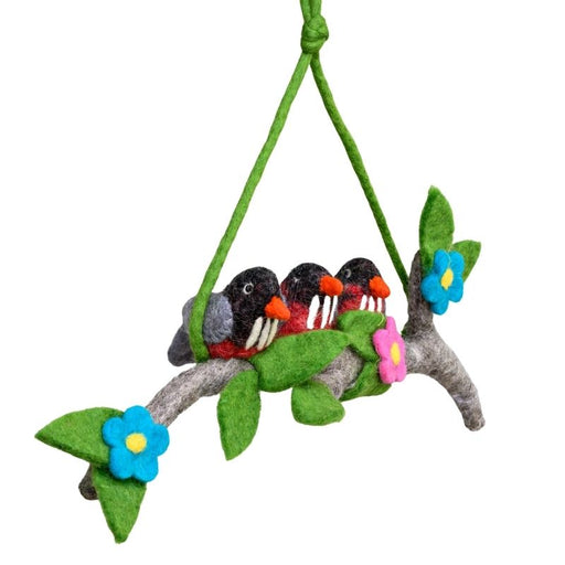 This delightful felt Red Robin Mobile by The Winding Road is a beautiful addition to your Nursery. Featuring 3 red robins on a twig.  Approximately 20" tall and 7.5" wide.  Handmade from 100% natural wool. No chemicals are used during production.
