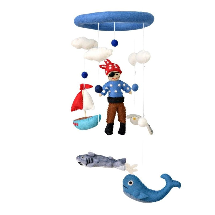 This delightful felt Pirate & Sea Creatures Mobile by The Winding Road is a beautiful addition to your Nursery. Featuring a pirate, a shark, a whale, a sailboat and a seagull.  Approximately 20" tall and 7.5" wide.  Handmade from 100% natural wool. No chemicals are used during production.
