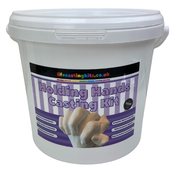 A holding hands life casting kit in a bucket style with a purple and white striped label design and the  logo lifecastingkits.co.uk at the top and holding hands casting kit underneath