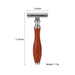image of a traditional double edge shaving razor with red pear wood handle and chrome turned base and shaving head. the image shows the dimensions of the double edged razor as 11.05cm high, and a head width of 4.35cm and weight of 77g