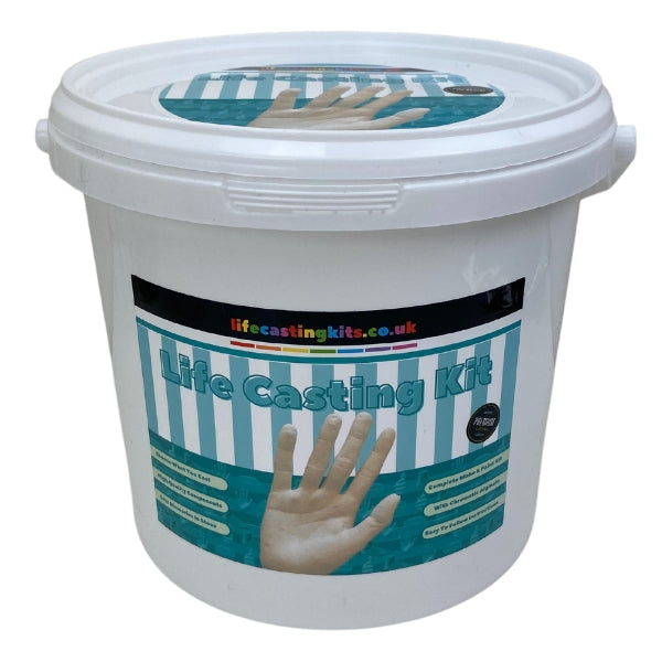 A holding hands life casting kit in a bucket style with a turquoise and white striped label design and the logo lifecastingkits.co.uk at the top and Life Casting Kit underneath