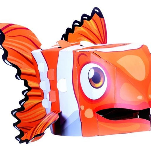 This fabulous orange, Clownfish 3D full-head mask craft kit is so much fun to make and then use to pretend to be a Clownfish. Suitable for children and even many adults to wear. This self-build mask craft kit encourages the love of arts and crafts -the fun starts with making the mask by putting tabs into numbered slots and seeing the head take shape. Once put together, it's great fun becoming your favourite clownfish! Suitable for Age 5+. Pack Size:  36.5 cm x 28 cm.