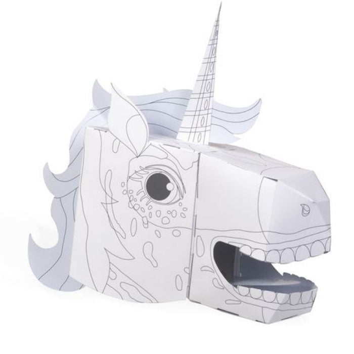 This fabulous colour-in, Unicorn 3D full-head mask craft kit is so much fun to make and then use to pretend to be a Unicorn. Suitable for children and even many adults to wear. This self-build mask craft kit encourages the love of arts and crafts -the fun starts with making the mask by putting tabs into numbered slots and seeing the head take shape. Once put together, it's great fun becoming your favourite Unicorn! Suitable for Age 5+. Pack Size:  36.5 cm x 28 cm.