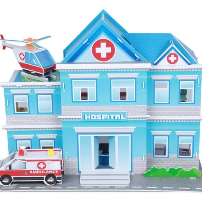 Create your own fabulous 89 piece Hospital model, complete with staff and vehicles. Follow the instructions to pop out the rigid foam board parts and connect the numbered parts to build the 3D model. No glue, no scissors, no tools needed. The model comes together with furniture and everything you would expect to find in a hospital, as well as moving doors and windows. Suitable for Age 6+.  Finished model measures 40 x 33 x 20 cm.