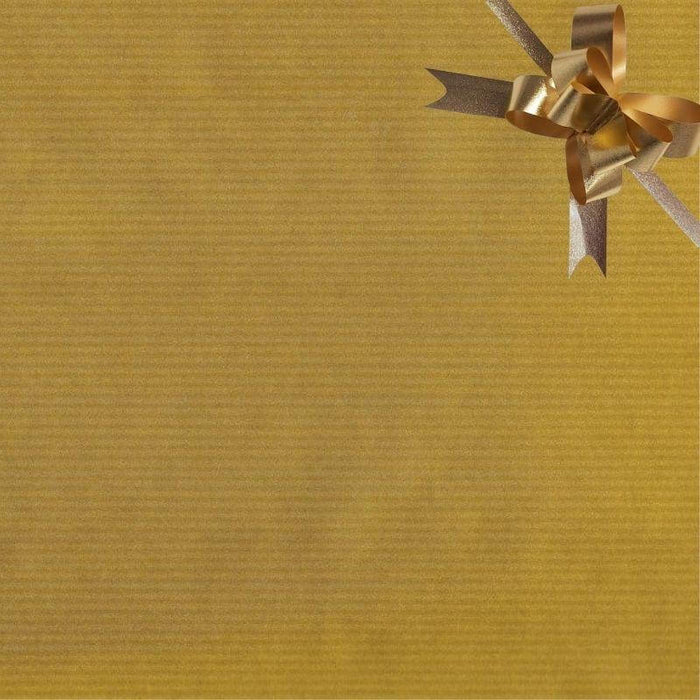 image of a square of wrapping paper, the paper is kraft paper and is a solid gold colour, in the corner of the gift wrap paper is a light pink gift wrapping bow