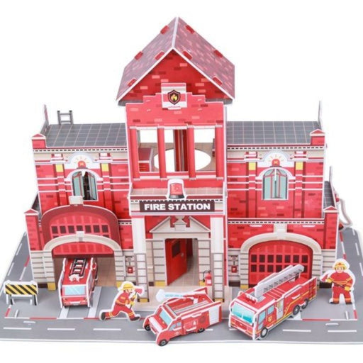 Create your own fabulous 89 piece Fire Station model, complete with fire fighters and vehicles. Follow the instructions to pop out the rigid foam board parts & connect the numbered parts to build the 3D model. No glue, no scissors, no tools needed. The model comes together with furniture & everything you would expect to find in a fire station, as well as moving doors and windows. Suitable for Age 6+. Finished model measures 45 x 32 x 26 cm.