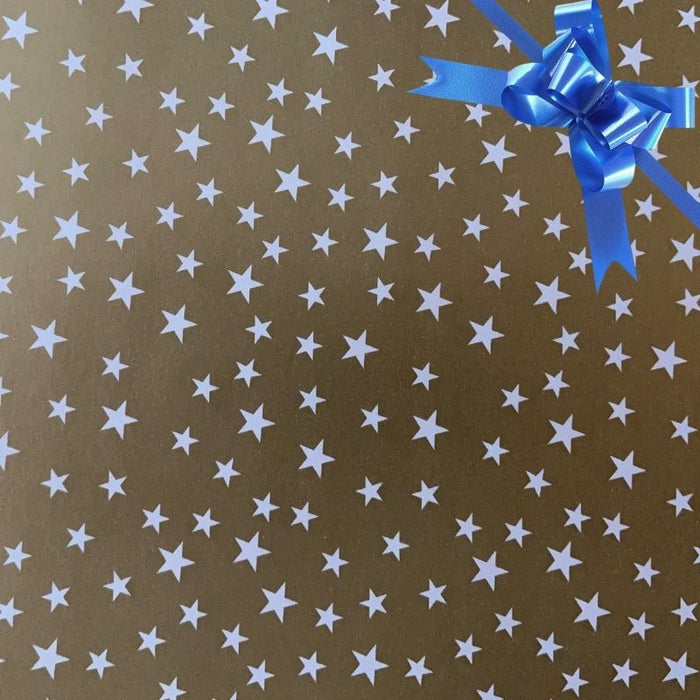 image of a square of wrapping paper, the paper is gold and features lots of solid white stars