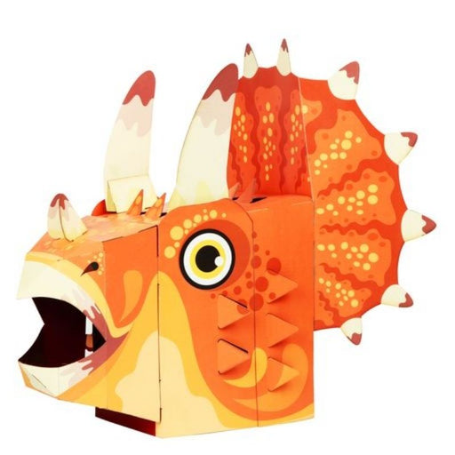 This fabulous orange, Triceratops 3D full-head mask craft kit is so much fun to make and then use to pretend to be a Triceratops. Suitable for children and even many adults to wear. This self-build mask craft kit encourages the love of arts and crafts -the fun starts with making the mask by putting tabs into numbered slots and seeing the head take shape. Once put together, it's great fun becoming your favourite Triceratops! Suitable for Age 5+. Pack Size:  36.5 cm x 28 cm.