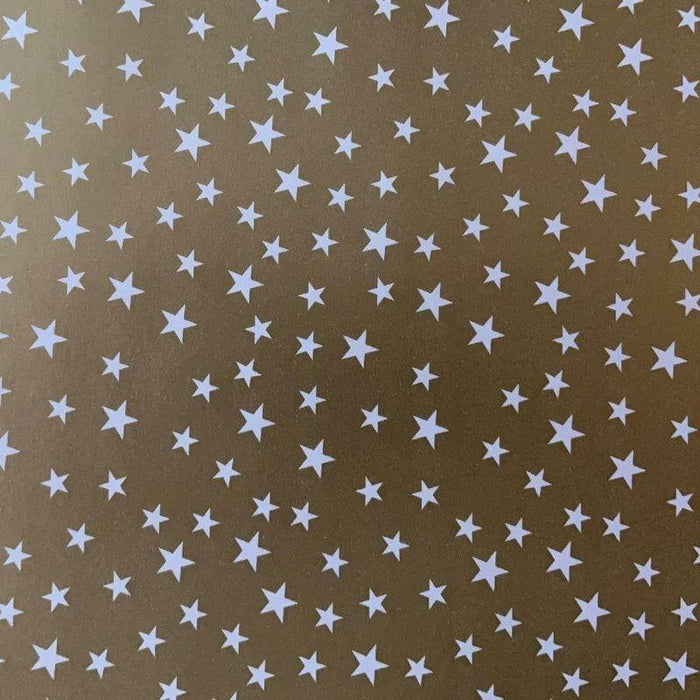 image of a square of wrapping paper, the paper is gold and features lots of solid white stars