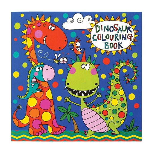 Image of a mid blue colouring book cover with three friendly cartoon dinosaurs on it. The cover of the book has the words dinosaur colouring book written in the top right conrer.