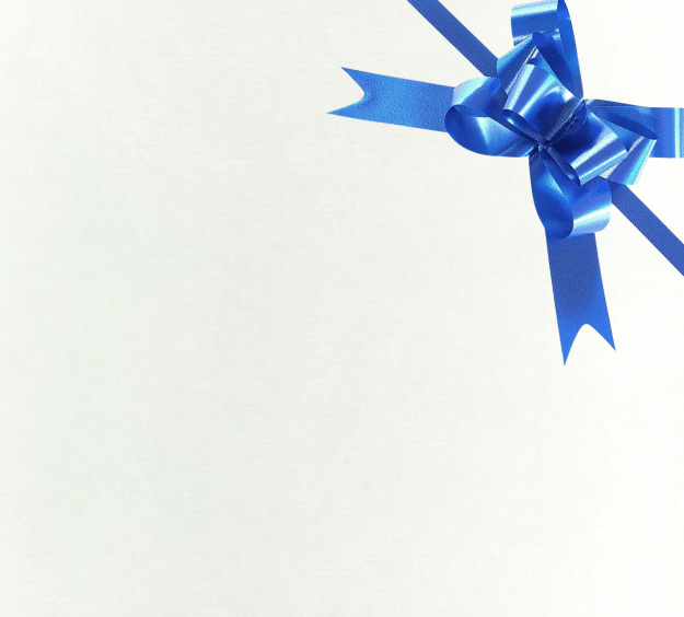 image of a square of wrapping paper, the paper is a solid white kraft paper, in the corner of the gift wrap paper is a bright blue gift wrapping bow