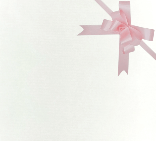 image of a square of wrapping paper, the paper is a solid white kraft paper, in the corner of the gift wrap paper is a light pink gift wrapping bow