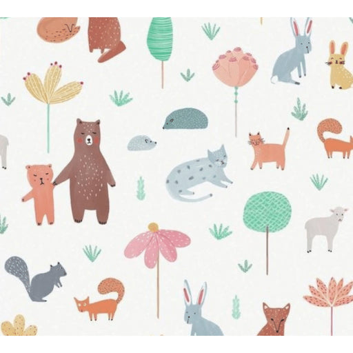 image of a square of wrapping paper, the paper has a white background with lots of child friendly illustrations of animals such as bunnies, bears and bear cubs, cats and sheeep interspered with illustrated sheep
