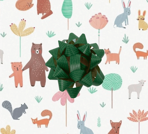 image of a square of wrapping paper, the paper has a white background with lots of child friendly illustrations of animals such as bunnies, bears and bear cubs, cats and sheeep interspered with illustrated sheep