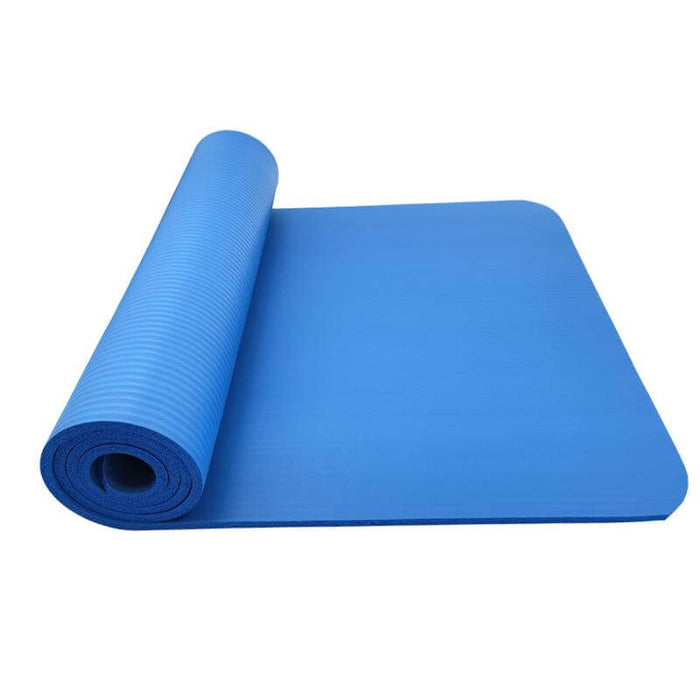 image or a half rolled our blue 10mm thick yoga mat. 