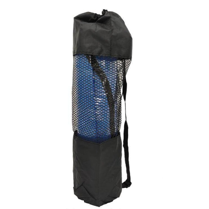image of a blue yoga mat in a black semi see through carrying case.